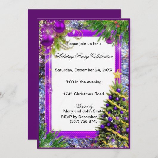 Paarse Baubles Holiday Tree-kerstfeest uitgenodigd Kaart (Voorkant / Achterkant)