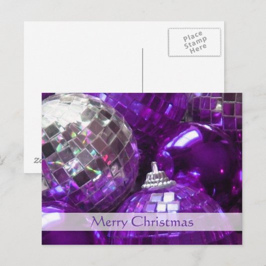 Paarse Baubles 'Vrolijk kerstfeest' briefkaart (Voorkant / Achterkant)