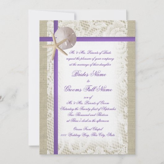 Paarse Beach Burlap en kant bruiloft Kaart (Voorkant)