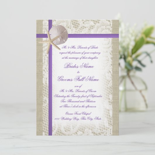 Paarse Beach Burlap en kant bruiloft Kaart (Staand voorkant)