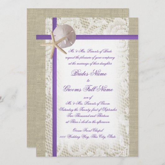 Paarse Beach Burlap en kant bruiloft Kaart (Voorkant / Achterkant)