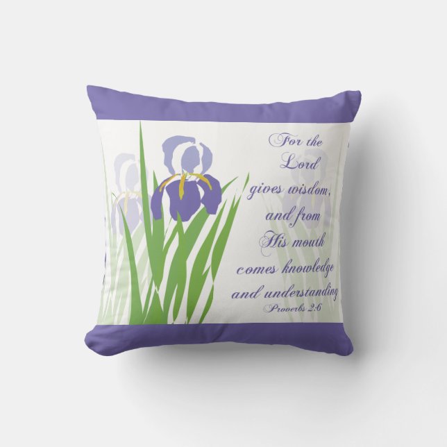 Paarse Bearded Iris met Schrift vers Spreuken Kussen (Voorkant)