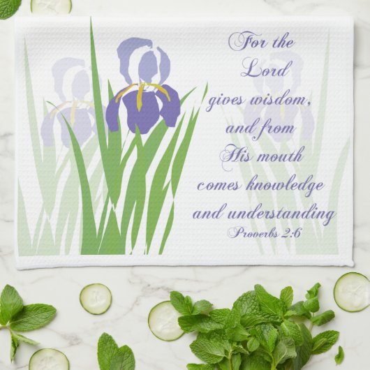 Paarse Bearded Iris met Schrift vers Spreuken Theedoek (Gevouwen)