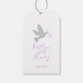 Paarse bedankt voor de bruiloft met grijze duif cadeaulabel (Voorkant)