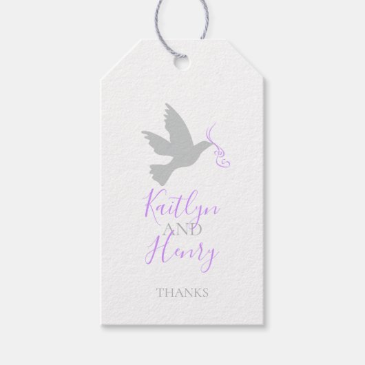 Paarse bedankt voor de bruiloft met grijze duif cadeaulabel (Voorkant)