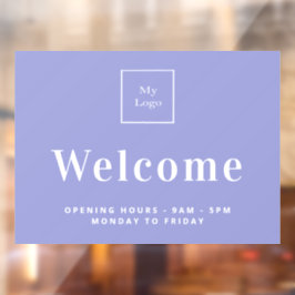 Paarse bedrijfslogo openingstijden welkom  raamsticker