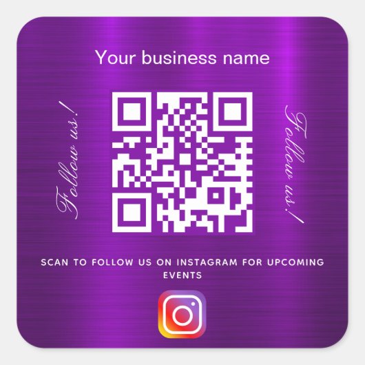 Paarse bedrijfsnaam qr code instagram vierkante sticker (Voorkant)