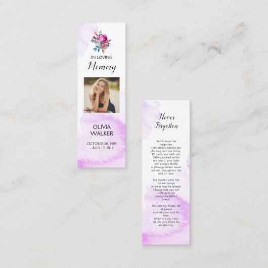 Paarse begrafenis Bladwijzer, begrafenis Keepsake  Mini Visitekaartje (Voorkant / Achterkant)