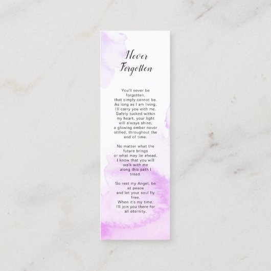 Paarse begrafenis Bladwijzer, begrafenis Keepsake  Mini Visitekaartje (Achterkant)