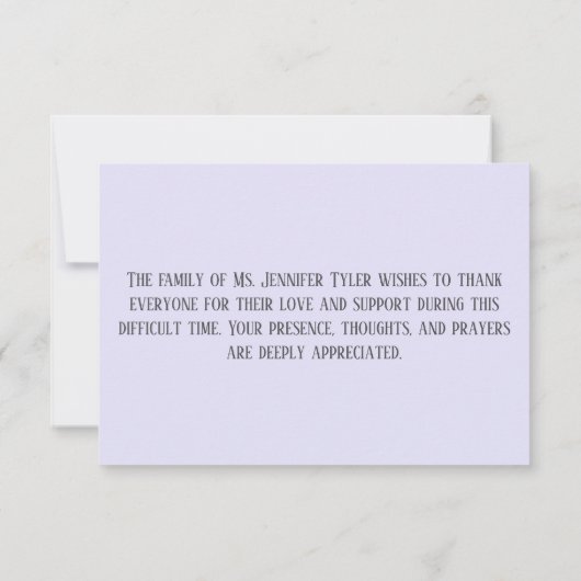 Paarse begrafenismonument van familie bedankkaart (Achterkant)