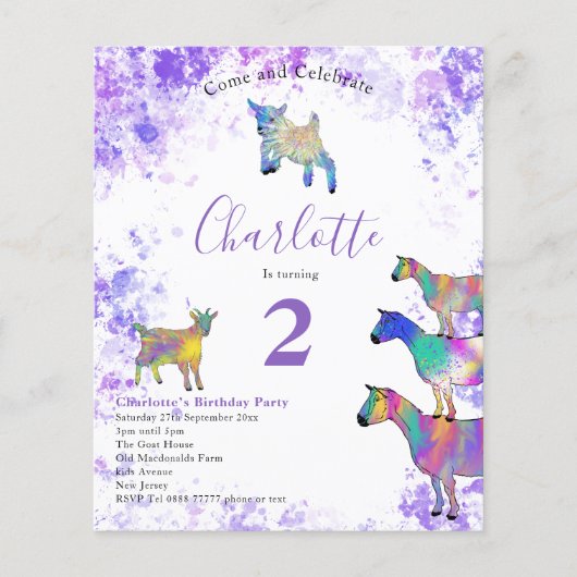 Paarse begroting voor meisjes Goat Birthday Party Flyer (Voorkant)