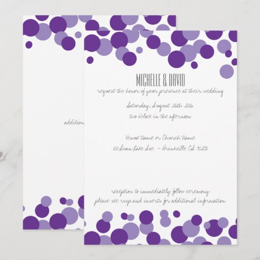 Paarse belletjes Confetti bruiloft uitnodigingen (Voorkant / Achterkant)