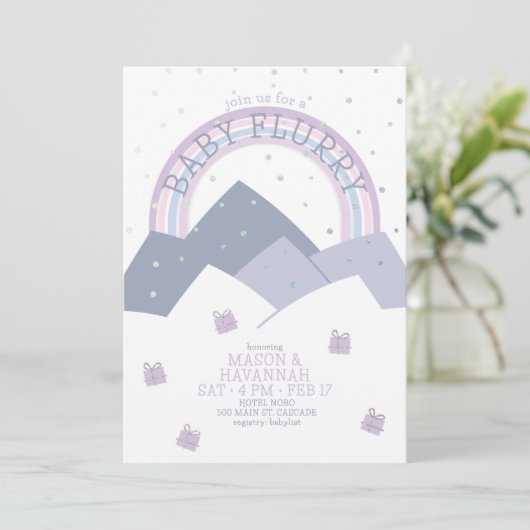 Paarse Berg Sneeuw Flurry Baby shower uitnodiging (Staand voorkant)