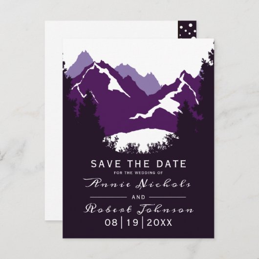 Paarse berg winter bruiloft Save the Date Aankondigingskaart (Voorkant / Achterkant)