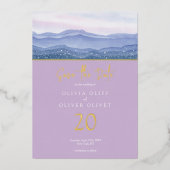 Paarse bergen die de datum bewaren folie uitnodiging (Voorkant)