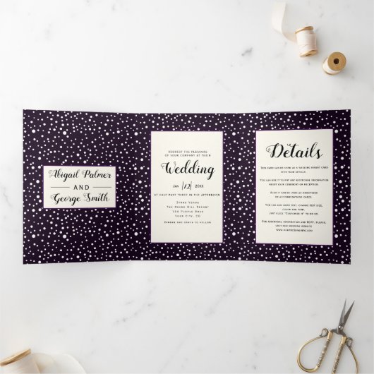 Paarse bergen en bomen foto winterbruiloft drieluik uitnodiging (Binnen)