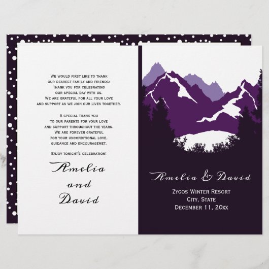 Paarse bergen, naaldbomen gevouwen trouwprogramma (Voorkant / Achterkant)