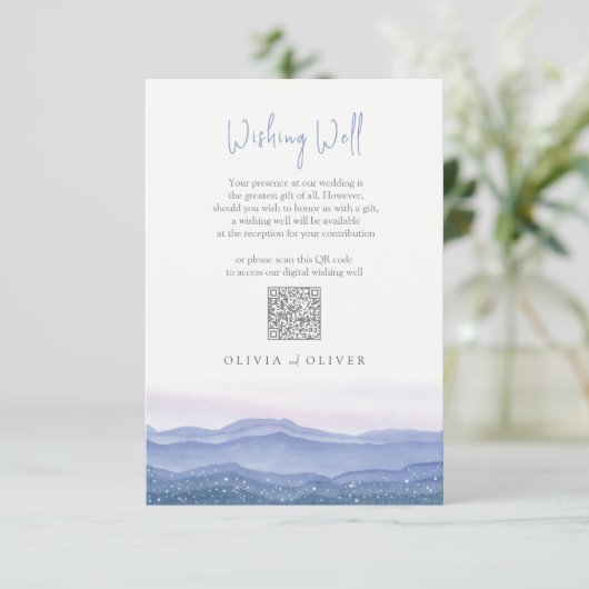 Paarse bergen Weddenschap Wishing Well QR Code Informatiekaartje (Staand voorkant)