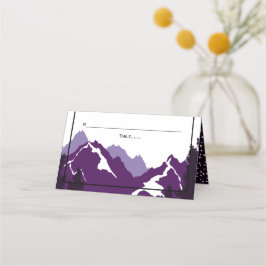 Paarse bergen winterbruiloft gevouwen escorte plaatskaartje