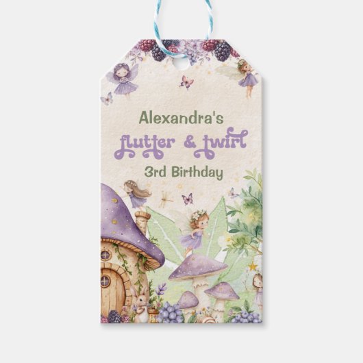 Paarse Berry Flutter & Twirl Fairy 3e verjaardag Cadeaulabel (Voorkant)