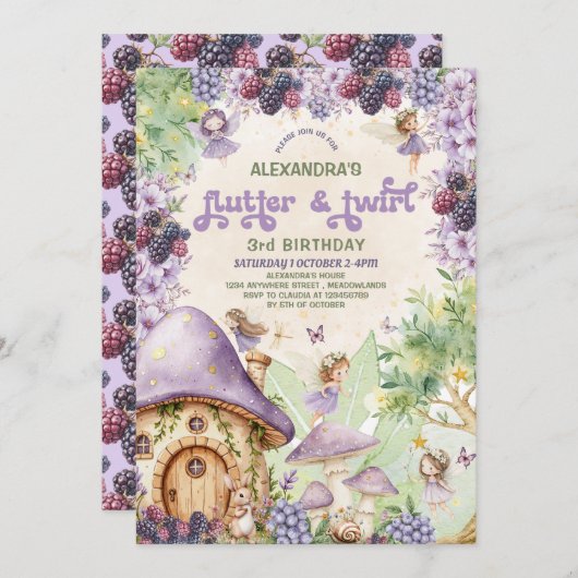 Paarse Berry Flutter & Twirl Fairy 3e verjaardag Kaart (Voorkant / Achterkant)