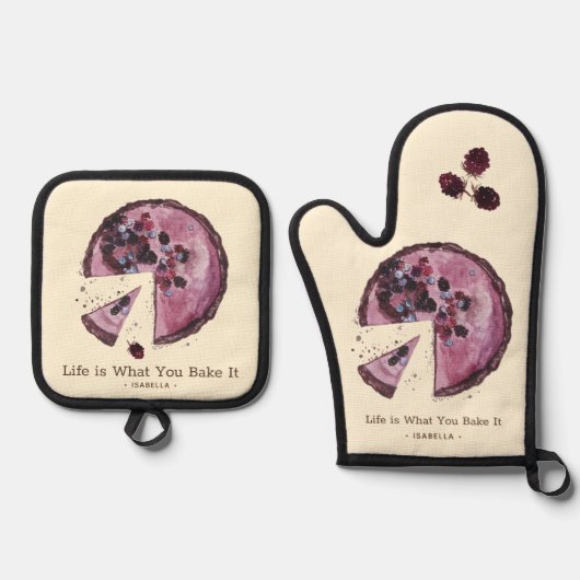 Paarse Berry Pie Waterverf gepersonaliseerd Ovenwant & Pannenlap Set (Voorkant)