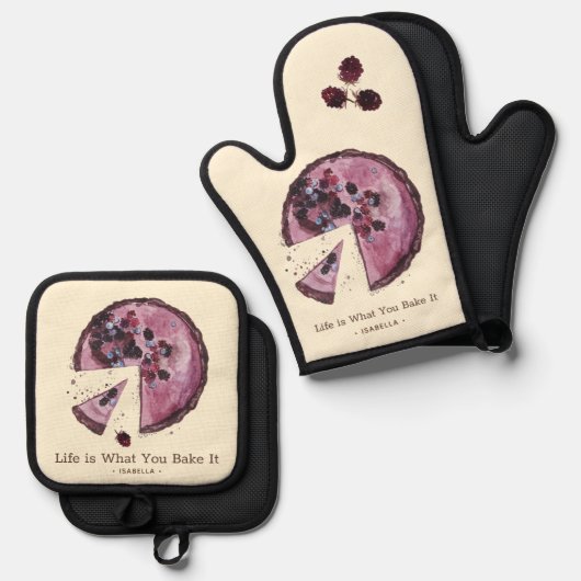 Paarse Berry Pie Waterverf gepersonaliseerd Ovenwant & Pannenlap Set (Voorkant / Achterkant)