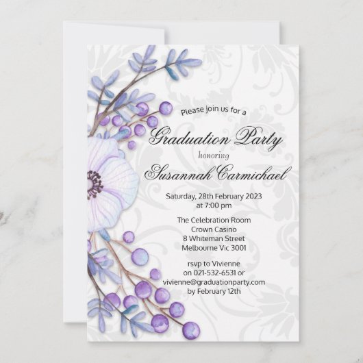 Paarse Berry Wreath en Elegant Damask Afstuderen Kaart (Voorkant)