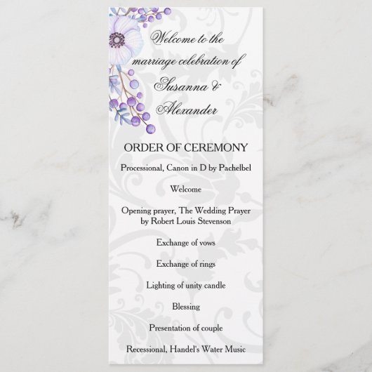 Paarse Berry Wreath Floral Damask Wedding Programmakaart (Voorkant)