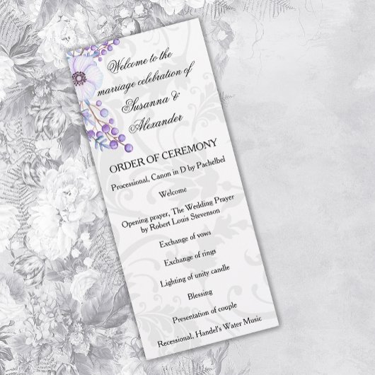 Paarse Berry Wreath Floral Damask Wedding Programmakaart