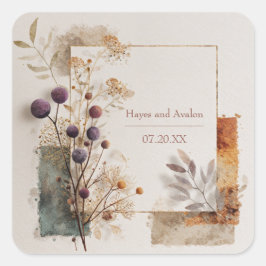 Paarse Bes Botanische Gouden Lijst Moderne Trouwfe Vierkante Sticker