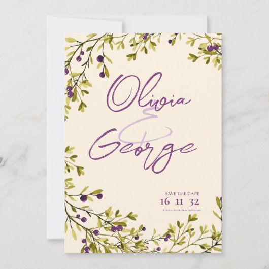 Paarse bessen Botanische bruiloft Bewaar de datum (Voorkant)
