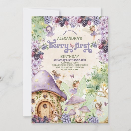 Paarse bessen eerste fee eerste verjaardag uitnodi kaart (Voorkant)