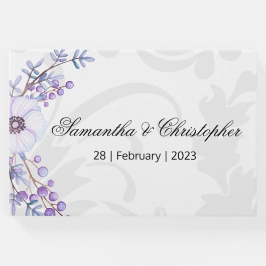 Paarse bessen en grijze Damask Wedding Gastenboek (Voorkant)