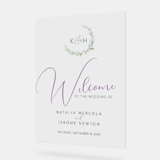 Paarse bessen groen gebladerte monogram bruiloft acryl bord (Hoek)