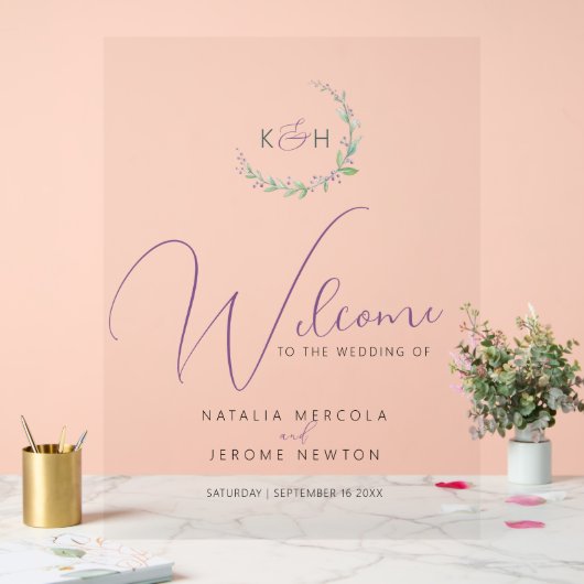 Paarse bessen groen gebladerte monogram bruiloft acryl bord (Huwelijk)