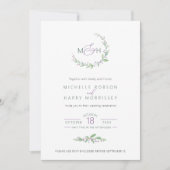 Paarse bessen groen gebladerte monogram bruiloft kaart (Voorkant)