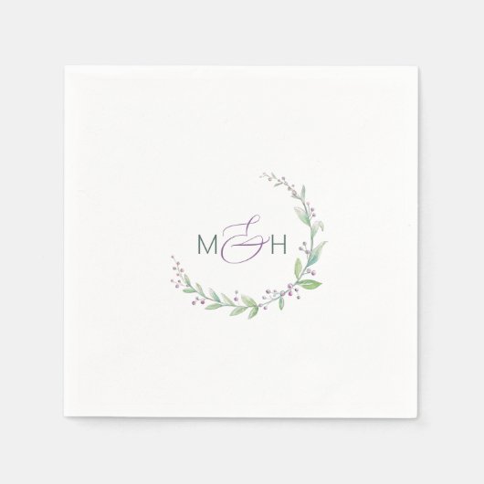 Paarse bessen groen gebladerte monogram bruiloft servet (Voorkant)