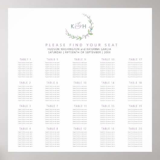 Paarse bessen groene bladeren 20 trouwtafels plan poster (Voorkant)