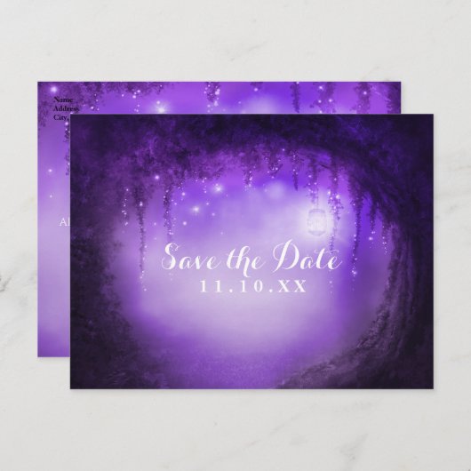 Paarse Betoverde Bos Bruiloft Save the Date Aankondigingskaart (Voorkant / Achterkant)