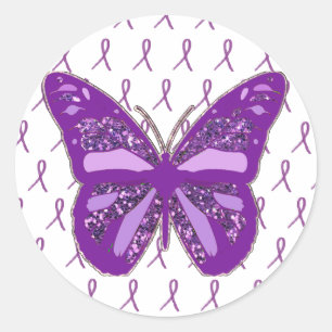 Paarse bewustmakingsboksaars met linten ronde sticker