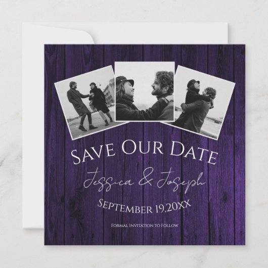 Paarse bijtende fotocollage bespaart de datum save the date (Voorkant)