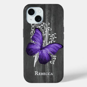 Paarse bijtende vlinder gepersonaliseerd iPhone 15 case