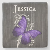 Paarse bijtende vlinder gepersonaliseerd stenen onderzetter (Voorkant)
