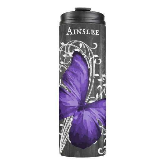 Paarse bijtende vlinder gepersonaliseerd thermosbeker (Voorkant)
