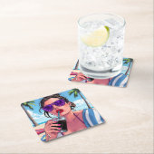 Paarse bikini, zonnebril en bandana vrouw kartonnen onderzetters (Insitu)