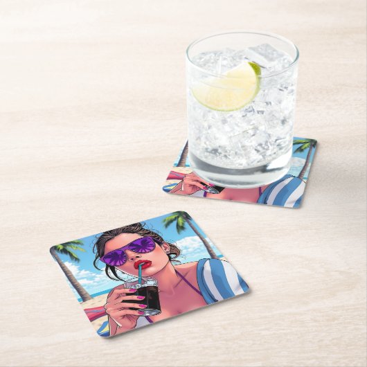 Paarse bikini, zonnebril en bandana vrouw kartonnen onderzetters (Insitu)