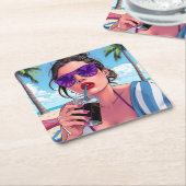 Paarse bikini, zonnebril en bandana vrouw kartonnen onderzetters (Schuin)