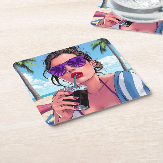 Paarse bikini, zonnebril en bandana vrouw kartonnen onderzetters (Schuin)