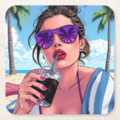 Paarse bikini, zonnebril en bandana vrouw kartonnen onderzetters (Voorkant)